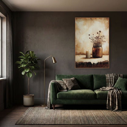 Candle Jar Drip Edge Moody wall art in a moody dark academia room – still life of a lit white candle beside a brown