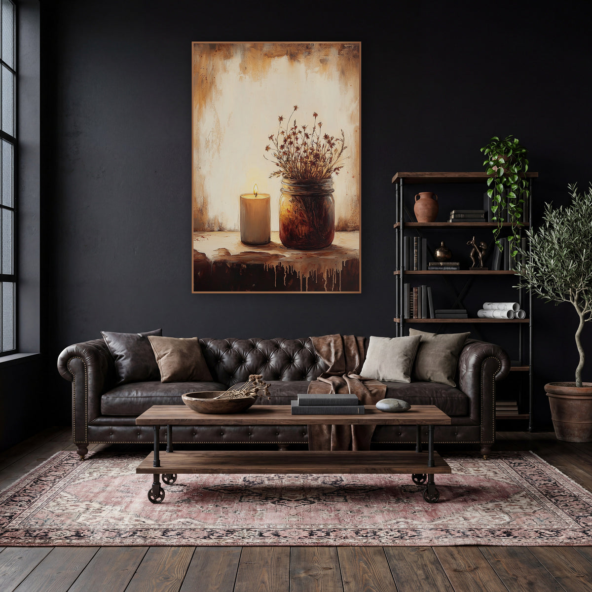 Candle Jar Amber Glow Classic wall art in a moody dark academia room – lit candle beside a glass jar of dried flowers