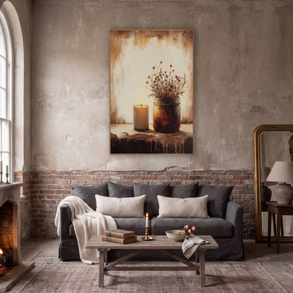 Candle Jar Amber Glow Classic wall art in a moody dark academia room – lit candle beside a glass jar of dried flowers