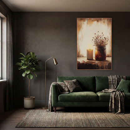 Candle Jar Amber Glow Classic wall art in a moody dark academia room – lit candle beside a glass jar of dried flowers