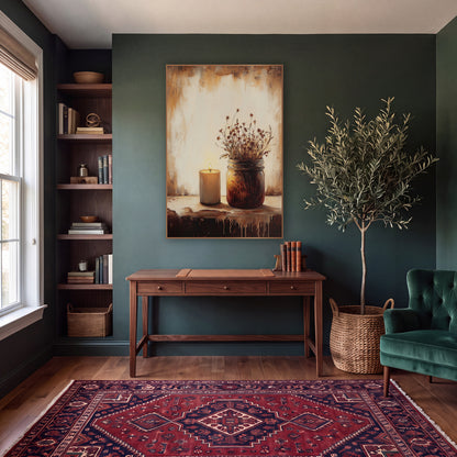 Candle Jar Amber Glow Classic wall art in a moody dark academia room – lit candle beside a glass jar of dried flowers