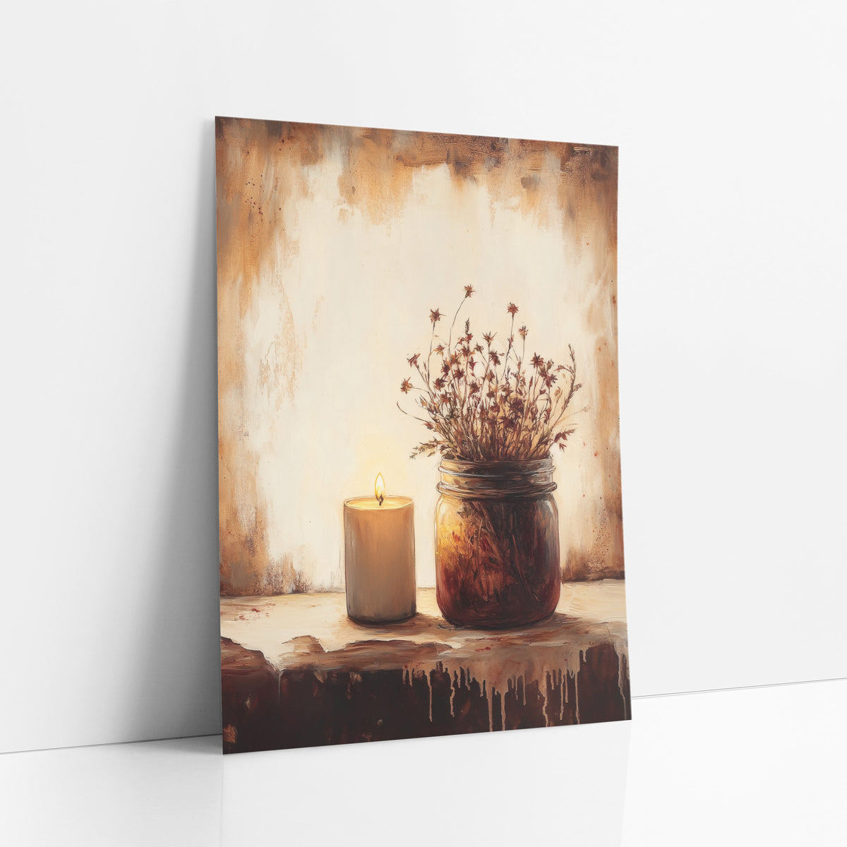 Candle Jar Amber Glow Classic art print leaning against a white wall – lit candle beside a glass jar of dried flowers