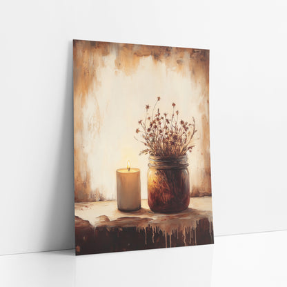 Candle Jar Amber Glow Classic art print leaning against a white wall – lit candle beside a glass jar of dried flowers