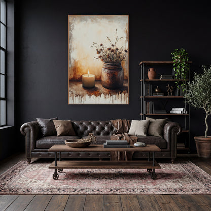 Candlelit Dried Wildflower Still Life wall art in a moody dark academia room – lit candle beside a rust-brown jar