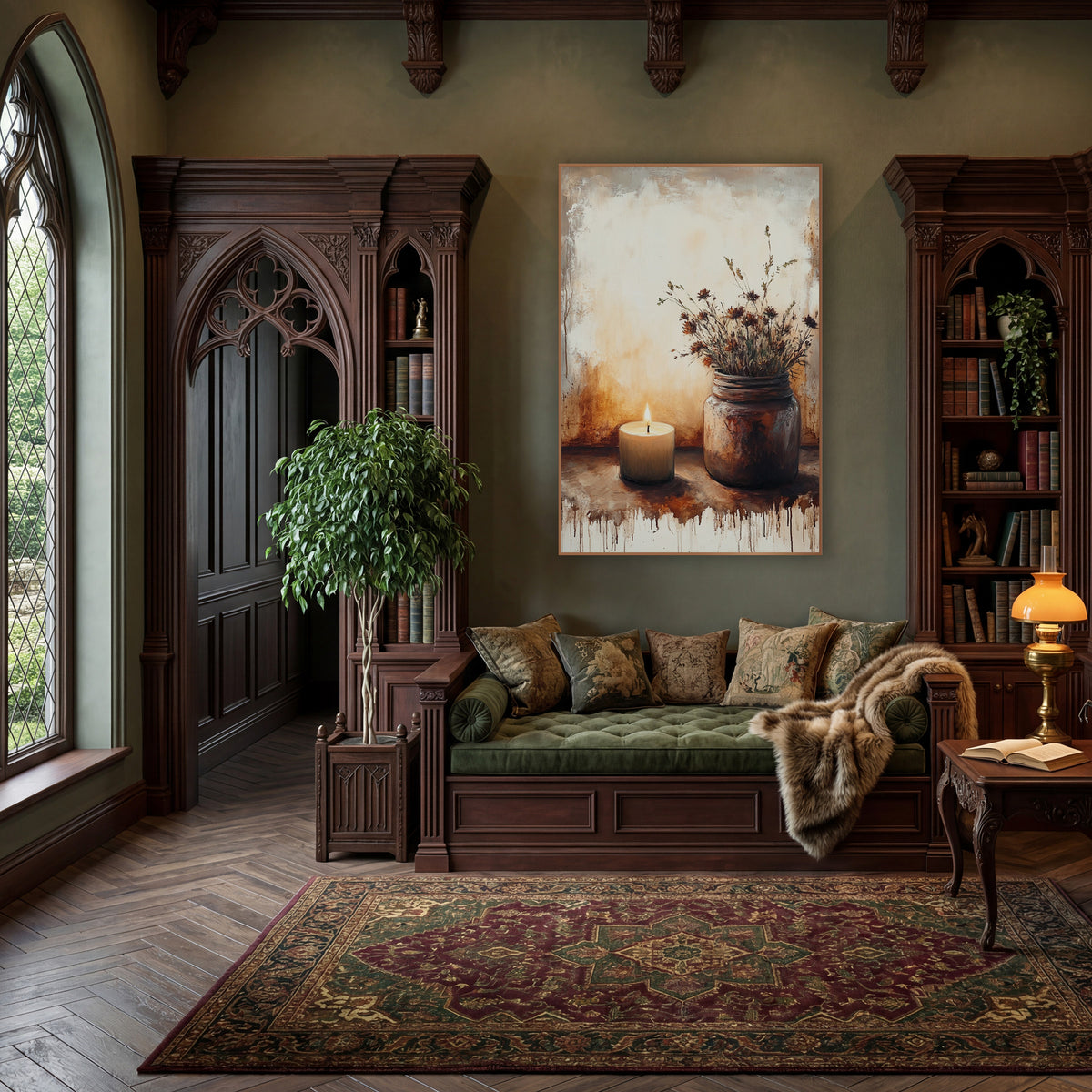 Candlelit Dried Wildflower Still Life wall art in a moody dark academia room – lit candle beside a rust-brown jar