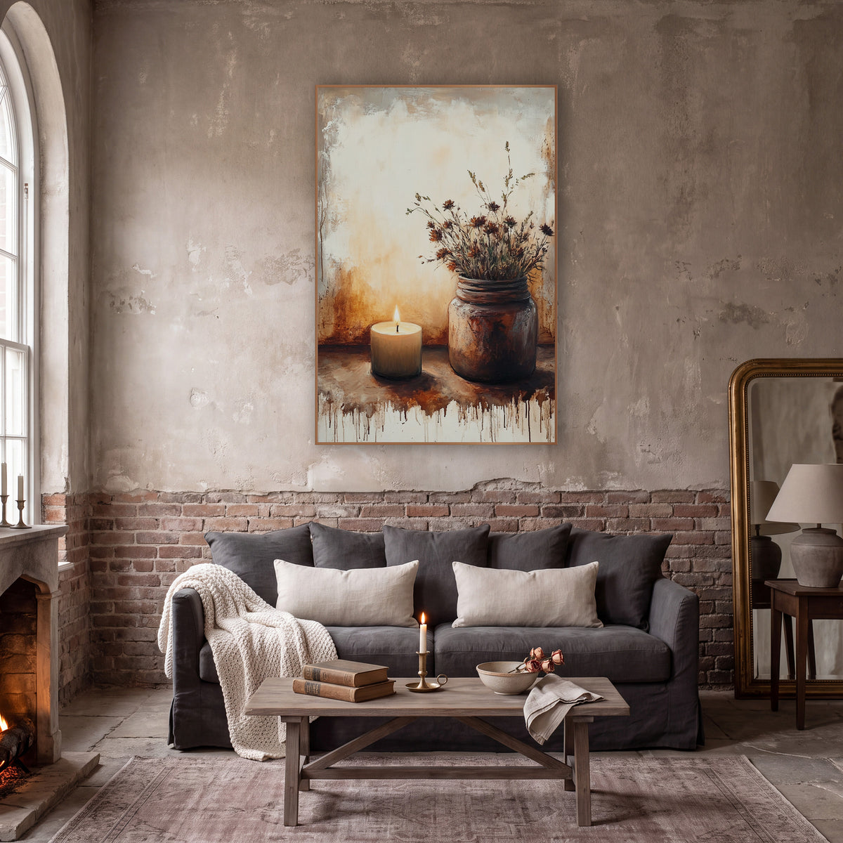 Candlelit Dried Wildflower Still Life wall art in a moody dark academia room – lit candle beside a rust-brown jar