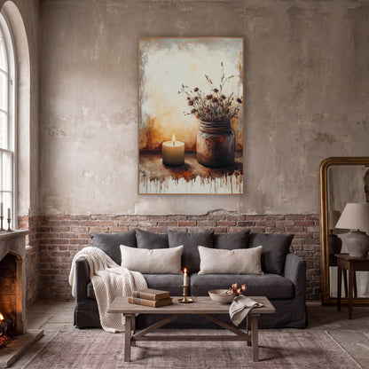 Candlelit Dried Wildflower Still Life wall art in a moody dark academia room – lit candle beside a rust-brown jar