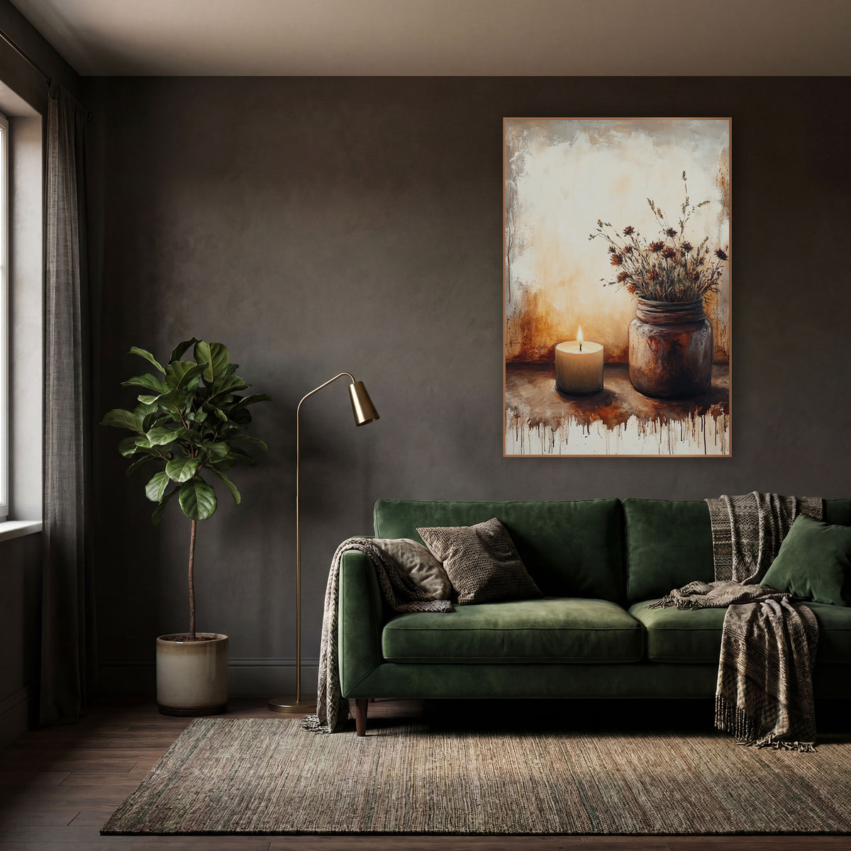 Candlelit Dried Wildflower Still Life wall art in a moody dark academia room – lit candle beside a rust-brown jar