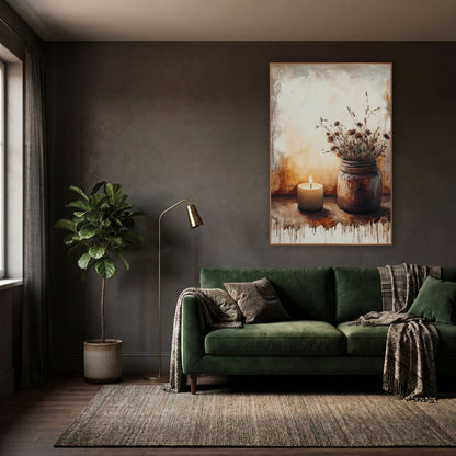 Candlelit Dried Wildflower Still Life wall art in a moody dark academia room – lit candle beside a rust-brown jar