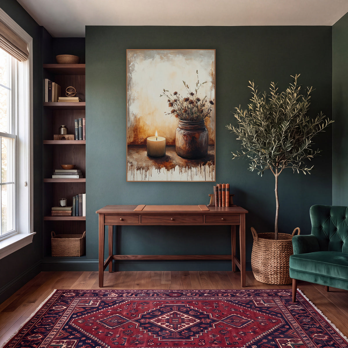 Candlelit Dried Wildflower Still Life wall art in a moody dark academia room – lit candle beside a rust-brown jar