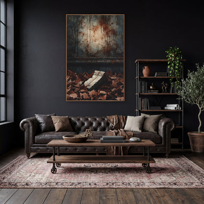 Fallen Stone Fragment Dark Academia wall art in a moody dark academia room – broken carved stone fragment lying