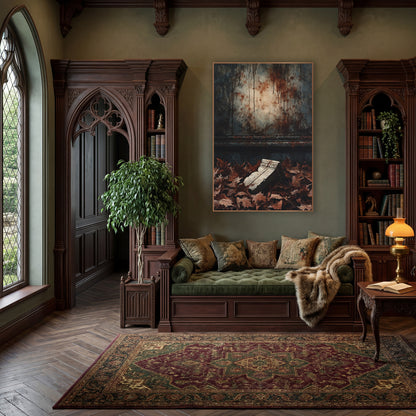 Fallen Stone Fragment Dark Academia wall art in a moody dark academia room – broken carved stone fragment lying