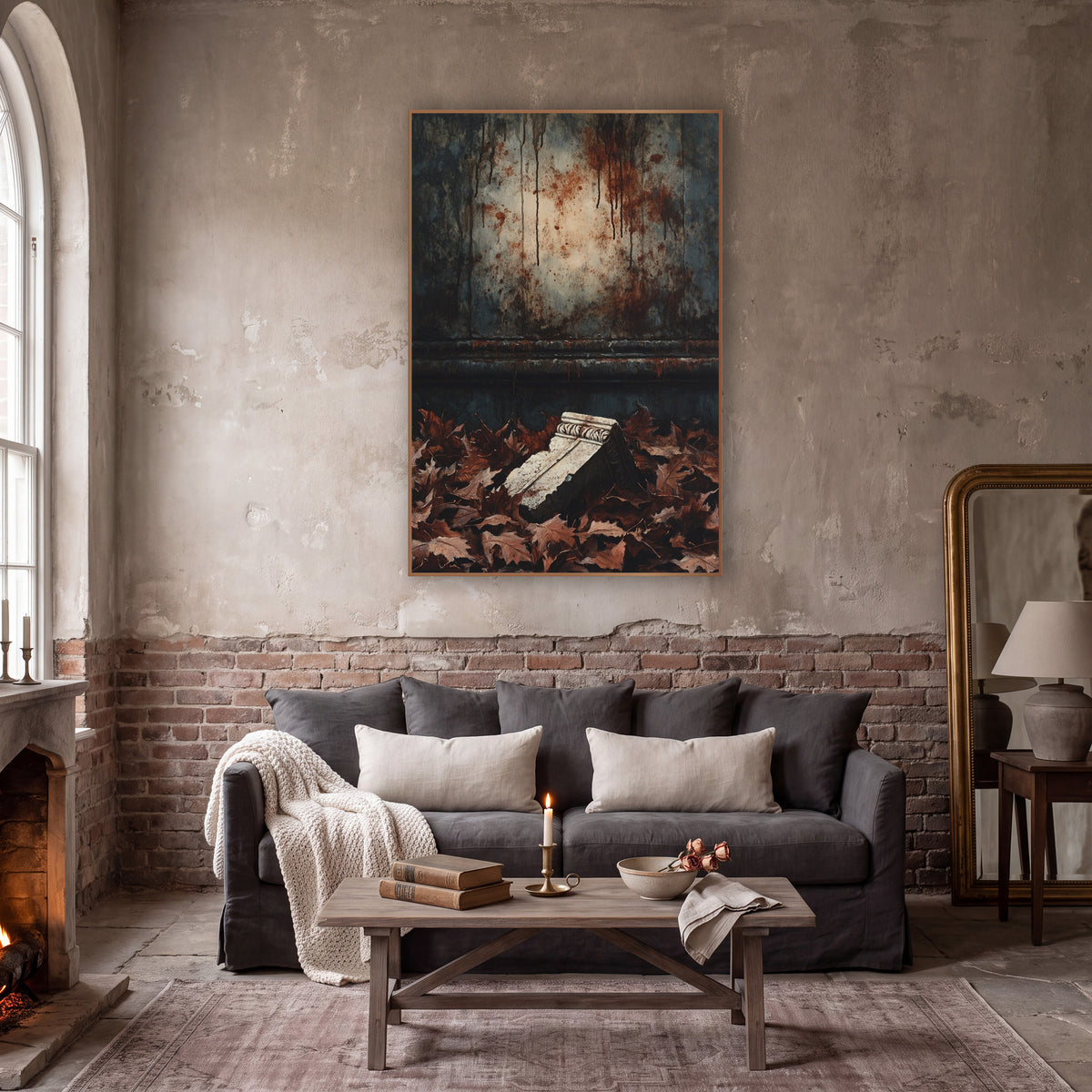Fallen Stone Fragment Dark Academia wall art in a moody dark academia room – broken carved stone fragment lying