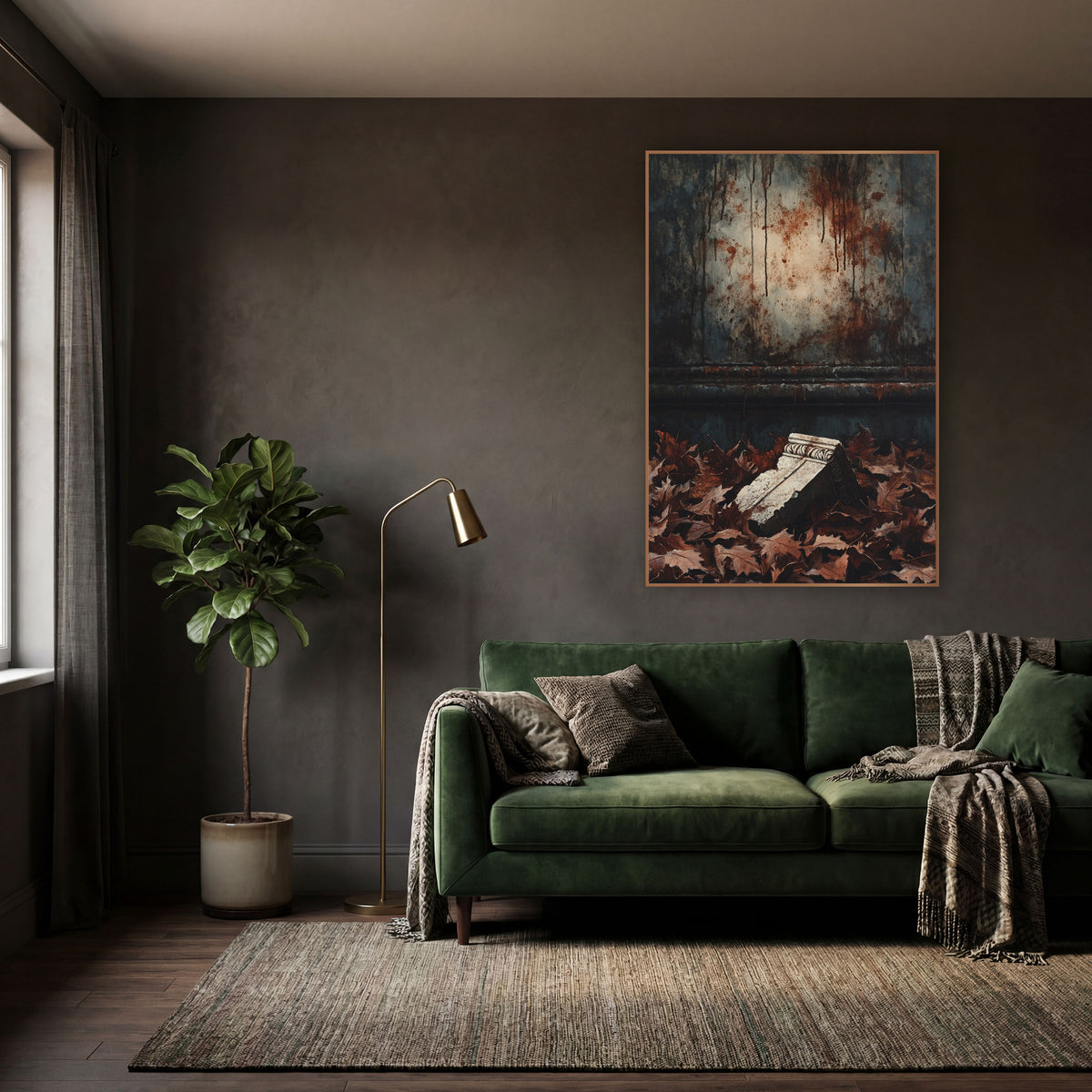 Fallen Stone Fragment Dark Academia wall art in a moody dark academia room – broken carved stone fragment lying