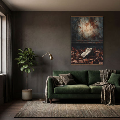 Fallen Stone Fragment Dark Academia wall art in a moody dark academia room – broken carved stone fragment lying