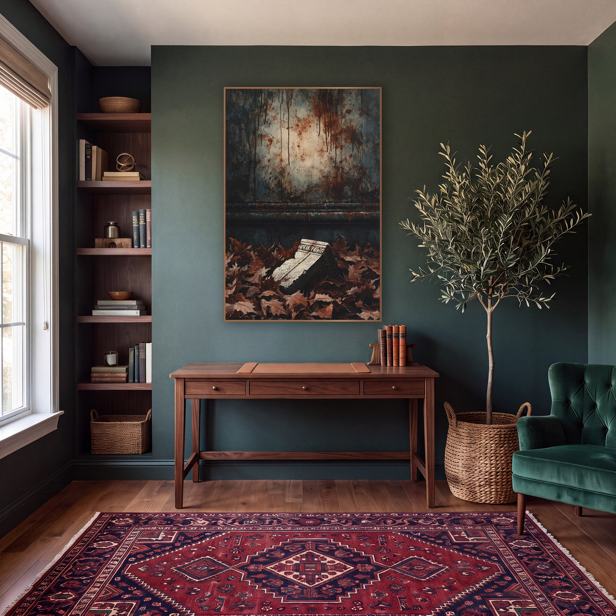Fallen Stone Fragment Dark Academia wall art in a moody dark academia room – broken carved stone fragment lying