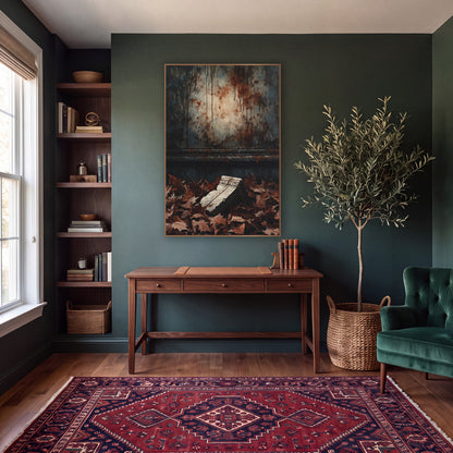 Fallen Stone Fragment Dark Academia wall art in a moody dark academia room – broken carved stone fragment lying