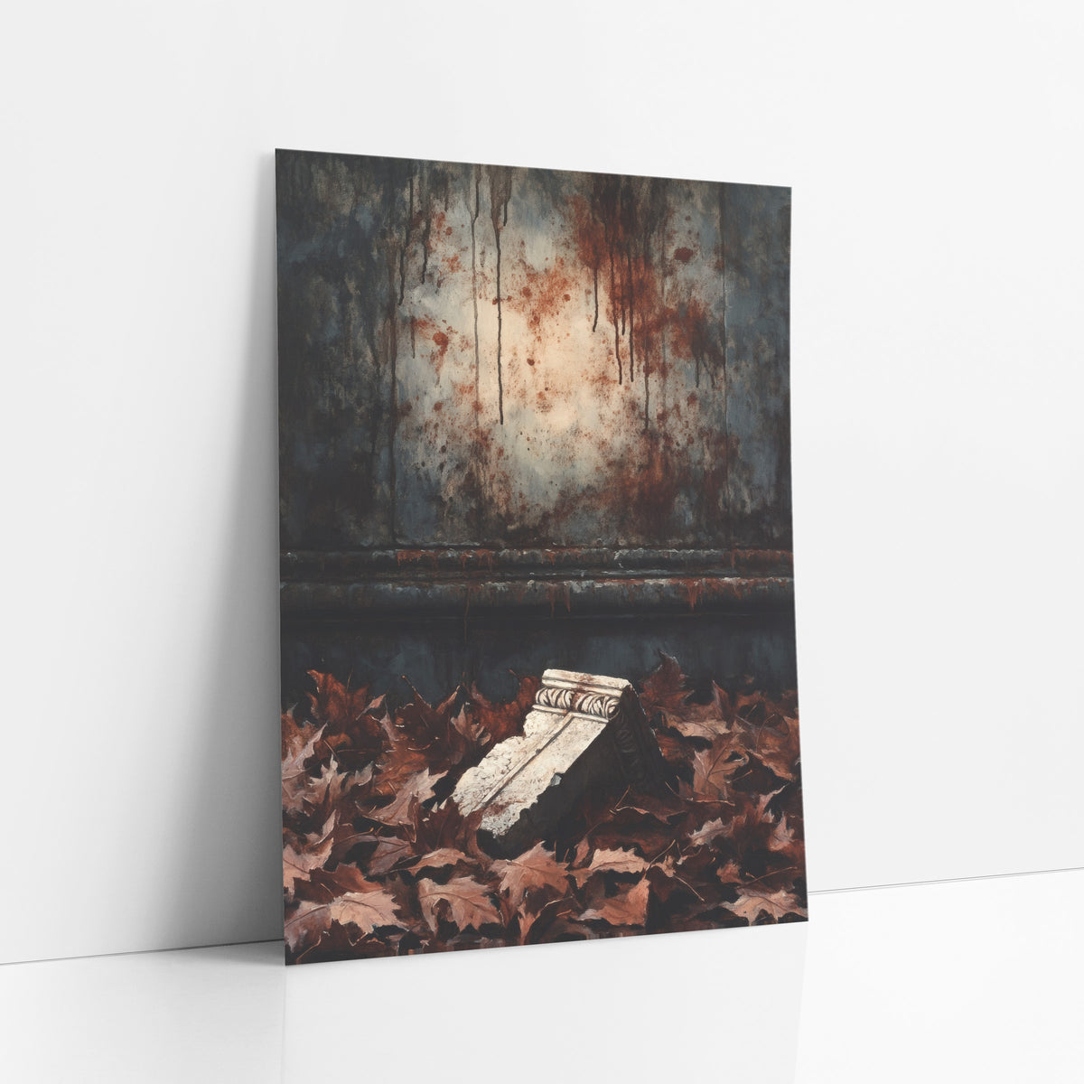 Fallen Stone Fragment Dark Academia art print leaning against a white wall – broken carved stone fragment lying in fallen