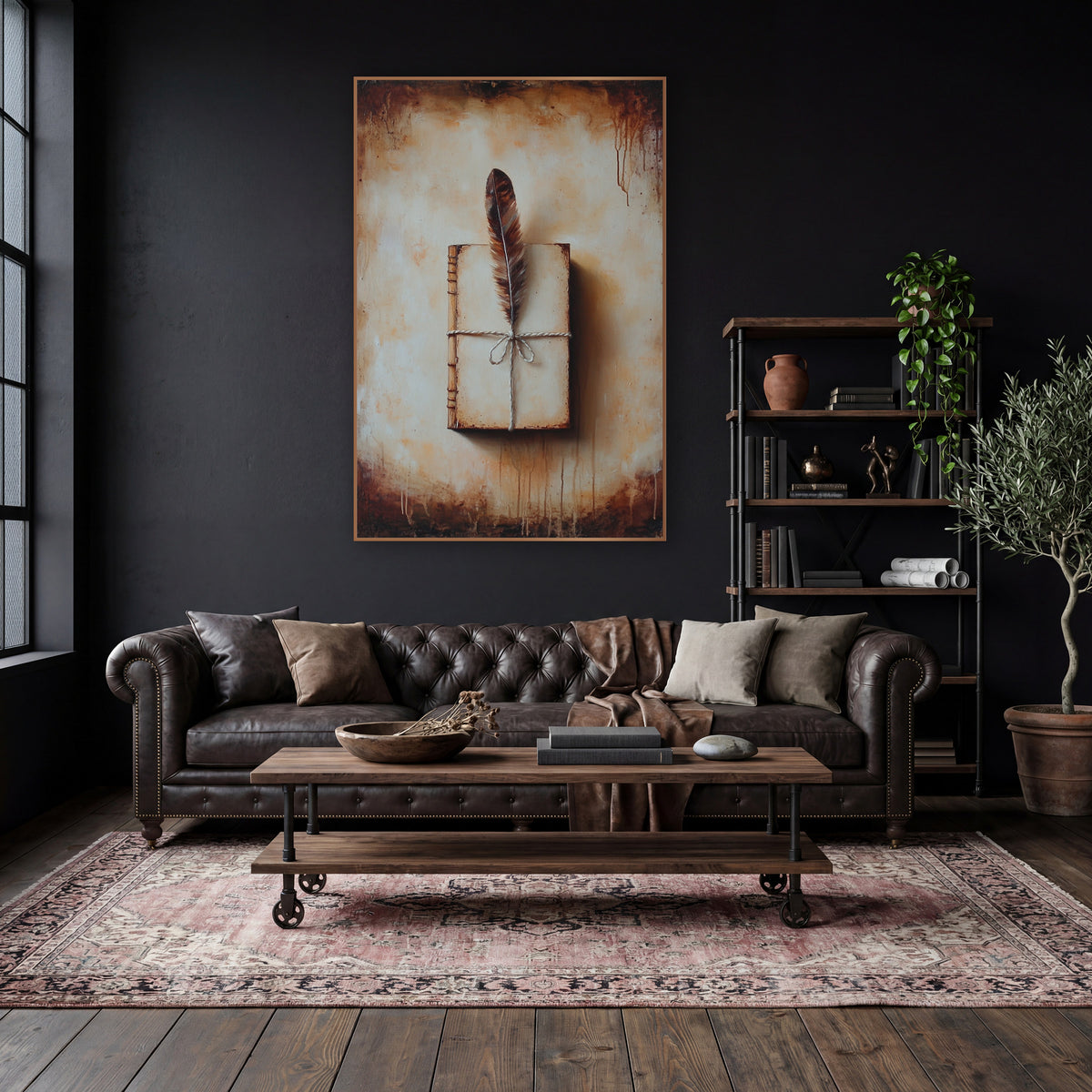 Feather and Bound Journal Antique wall art in a moody dark academia room – brown feather tucked under twine