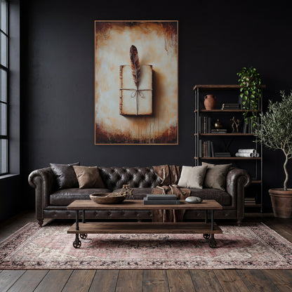 Feather and Bound Journal Antique wall art in a moody dark academia room – brown feather tucked under twine