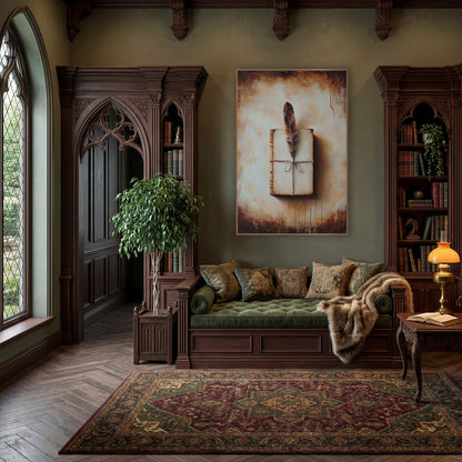 Feather and Bound Journal Antique wall art in a moody dark academia room – brown feather tucked under twine