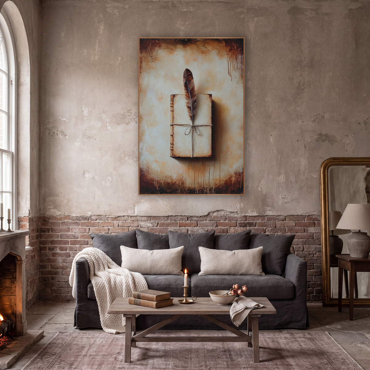 Feather and Bound Journal Antique wall art in a moody dark academia room – brown feather tucked under twine