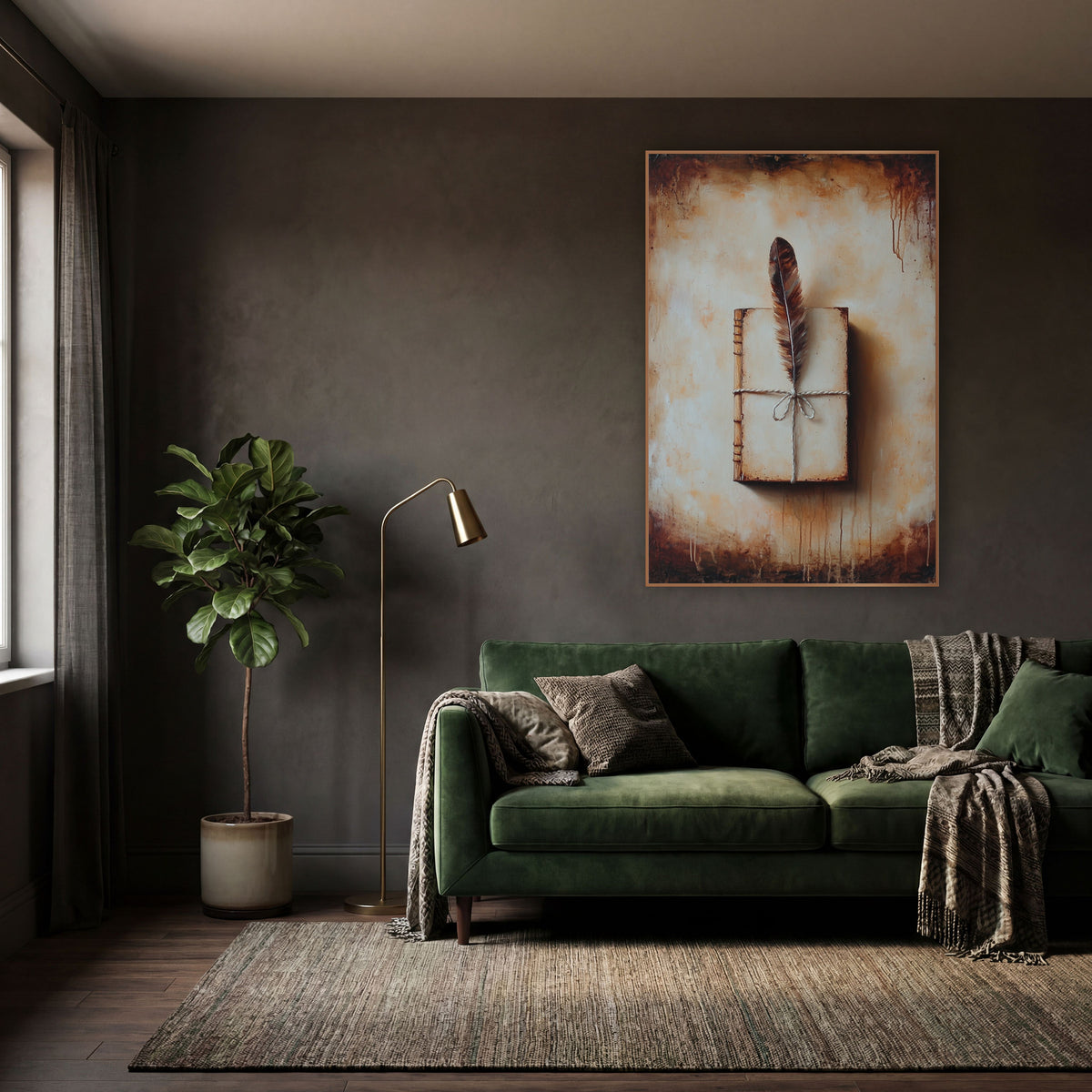 Feather and Bound Journal Antique wall art in a moody dark academia room – brown feather tucked under twine