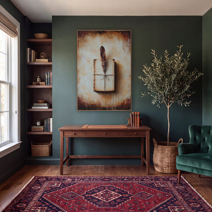 Feather and Bound Journal Antique wall art in a moody dark academia room – brown feather tucked under twine