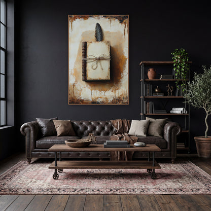 Antique Journal and Feather Dark Academia wall art in a moody dark academia room – dark academia still life