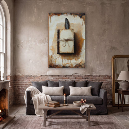 Antique Journal and Feather Dark Academia wall art in a moody dark academia room – dark academia still life