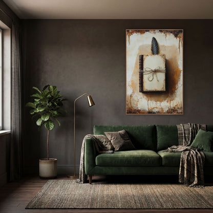 Antique Journal and Feather Dark Academia wall art in a moody dark academia room – dark academia still life