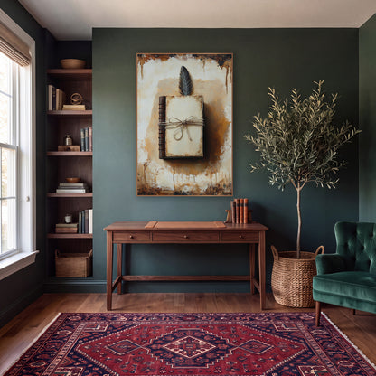 Antique Journal and Feather Dark Academia wall art in a moody dark academia room – dark academia still life