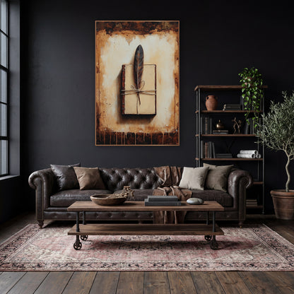Quill Feather Journal Dark Academia wall art in a moody dark academia room – dark feather tied with twine on a closed