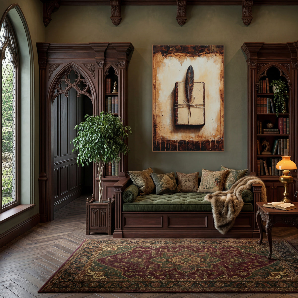 Quill Feather Journal Dark Academia wall art in a moody dark academia room – dark feather tied with twine on a closed
