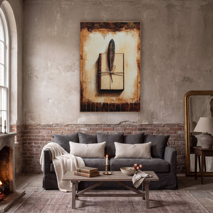 Quill Feather Journal Dark Academia wall art in a moody dark academia room – dark feather tied with twine on a closed