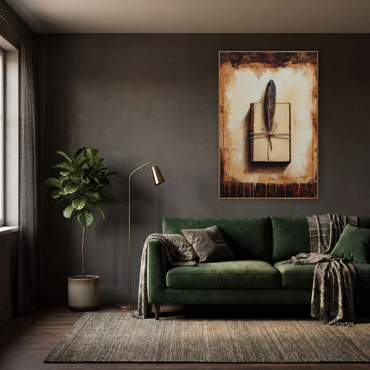 Quill Feather Journal Dark Academia wall art in a moody dark academia room – dark feather tied with twine on a closed