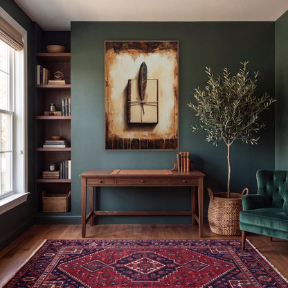 Quill Feather Journal Dark Academia wall art in a moody dark academia room – dark feather tied with twine on a closed