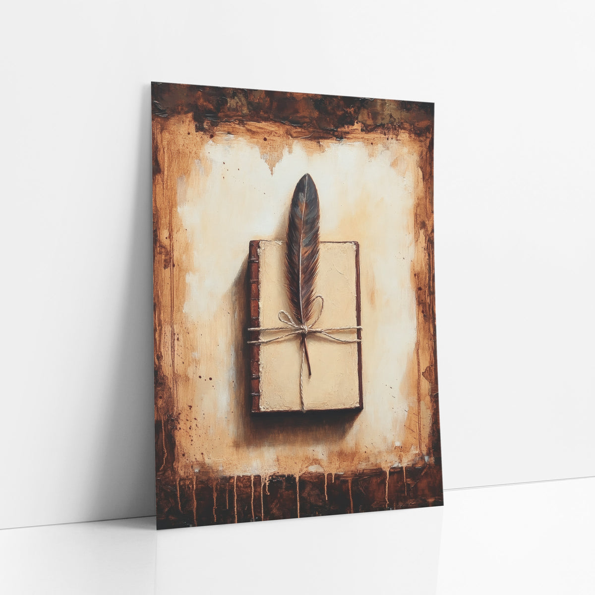 Quill Feather Journal Dark Academia art print leaning against a white wall – dark feather tied with twine on a closed cream