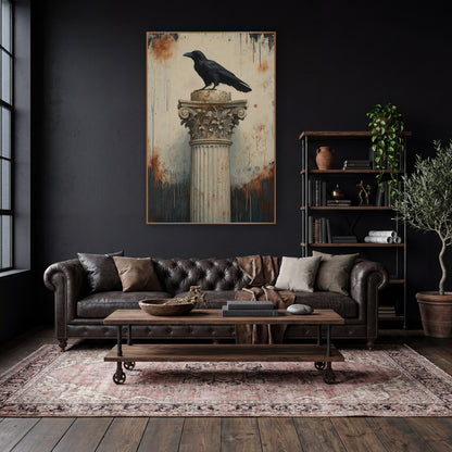 Raven Corinthian Capital Classic wall art in a moody dark academia room – black raven perched on a fluted classical