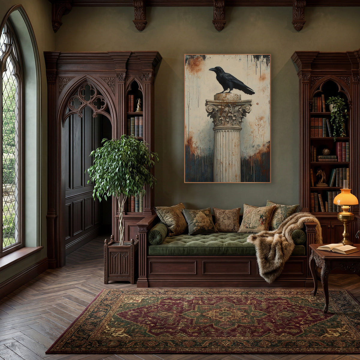 Raven Corinthian Capital Classic wall art in a moody dark academia room – black raven perched on a fluted classical
