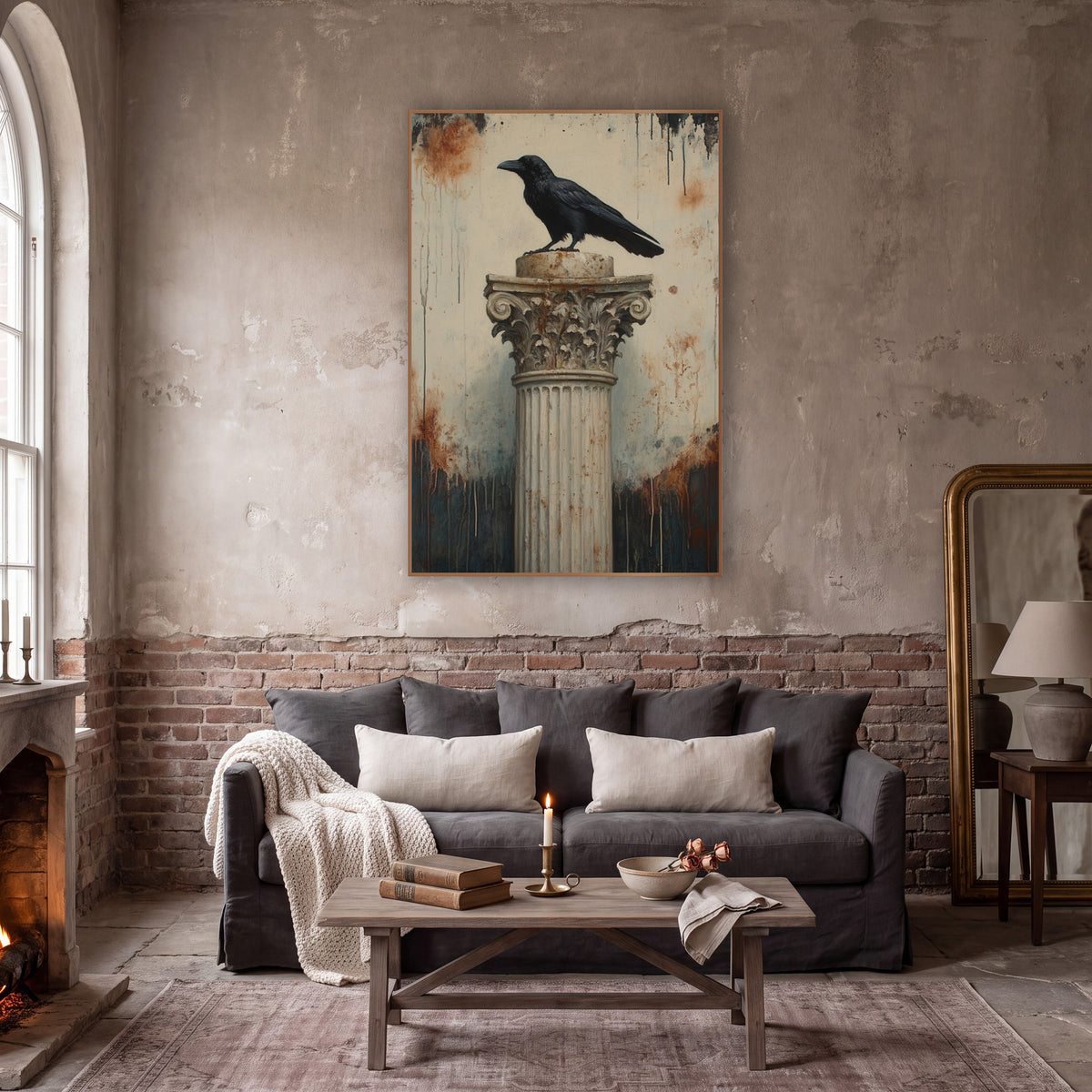 Raven Corinthian Capital Classic wall art in a moody dark academia room – black raven perched on a fluted classical