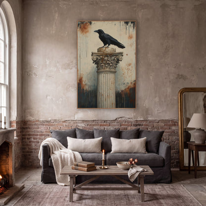 Raven Corinthian Capital Classic wall art in a moody dark academia room – black raven perched on a fluted classical