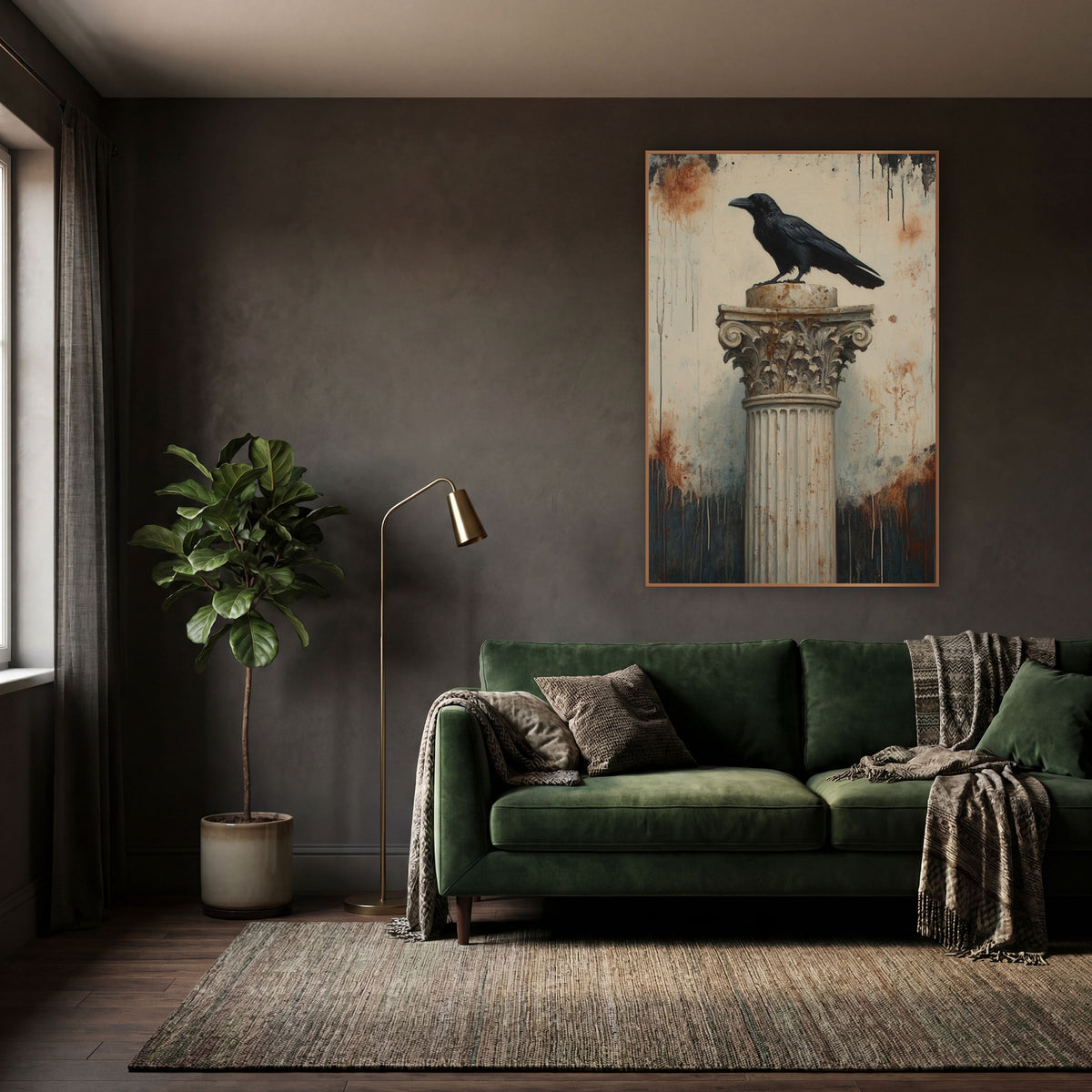 Raven Corinthian Capital Classic wall art in a moody dark academia room – black raven perched on a fluted classical