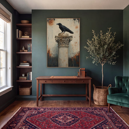 Raven Corinthian Capital Classic wall art in a moody dark academia room – black raven perched on a fluted classical