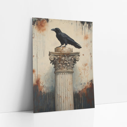 Raven Corinthian Capital Classic art print leaning against a white wall – black raven perched on a fluted classical column