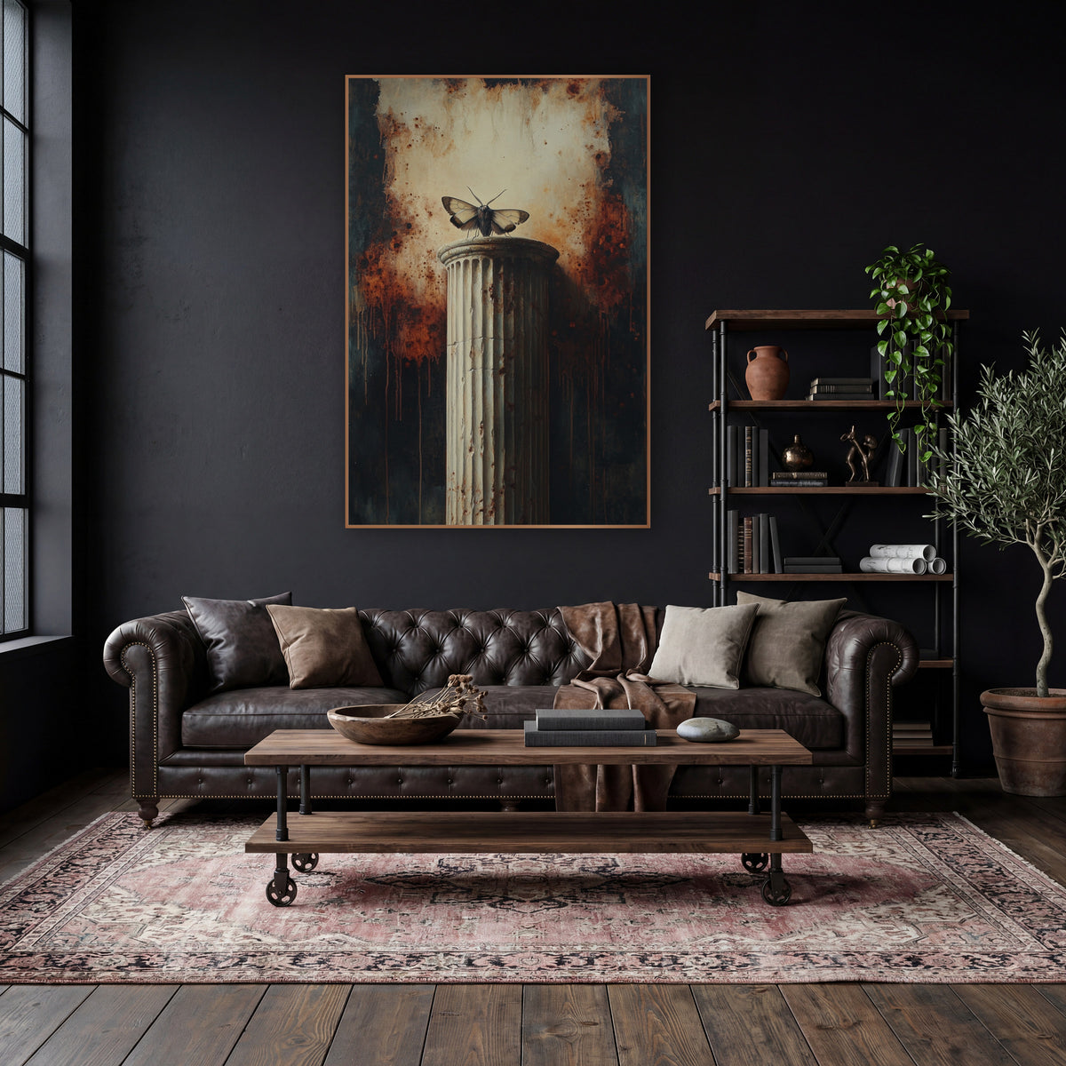 Moth On Fluted Column Gothic wall art in a moody dark academia room – pale moth with spread wings on a cracked fluted