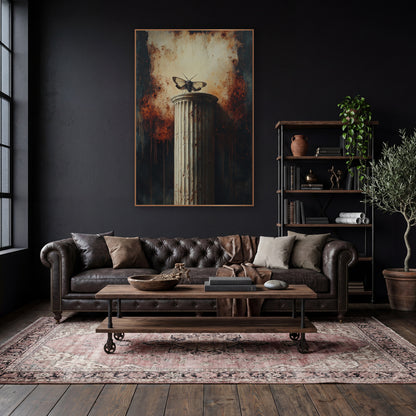 Moth On Fluted Column Gothic wall art in a moody dark academia room – pale moth with spread wings on a cracked fluted