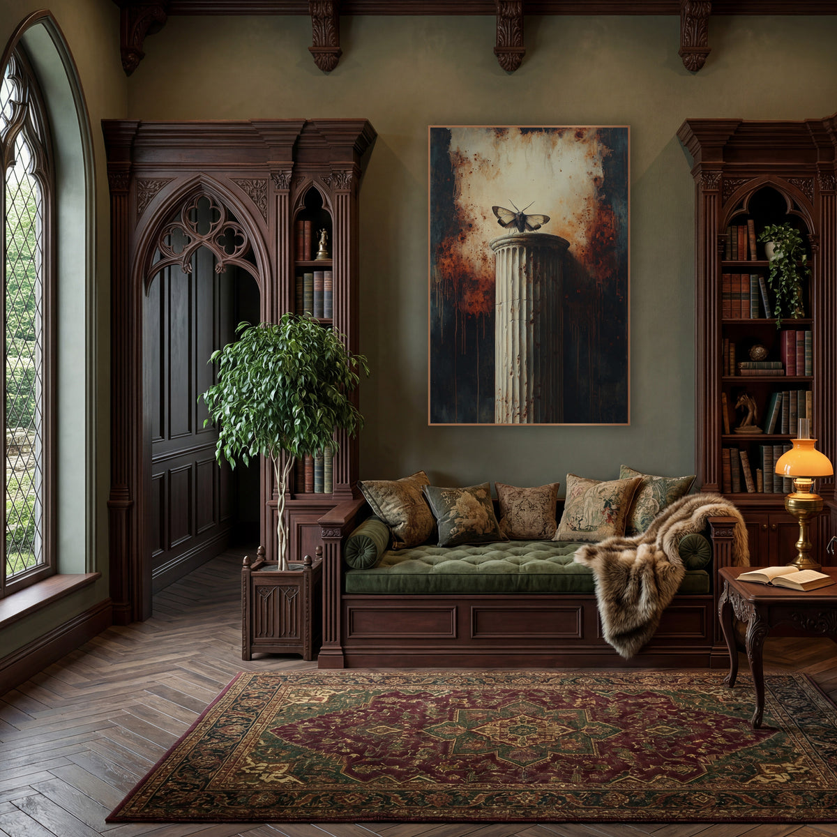 Moth On Fluted Column Gothic wall art in a moody dark academia room – pale moth with spread wings on a cracked fluted