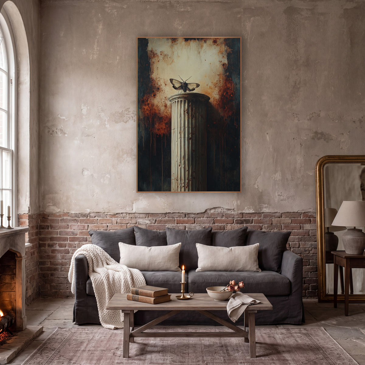 Moth On Fluted Column Gothic wall art in a moody dark academia room – pale moth with spread wings on a cracked fluted