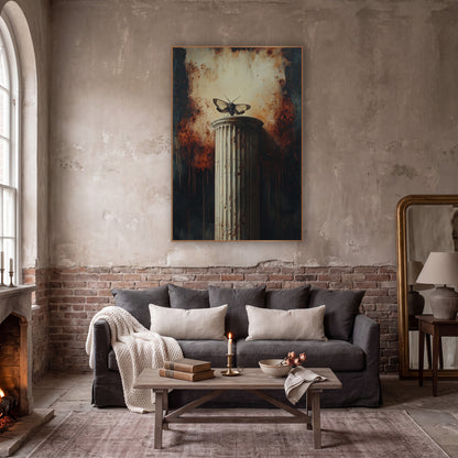 Moth On Fluted Column Gothic wall art in a moody dark academia room – pale moth with spread wings on a cracked fluted